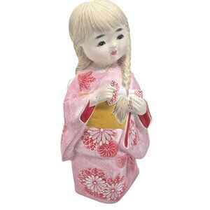 Ceramic Japanese Girl Figurine In Pink Kimono Floral Design Kneeling Pose JE369